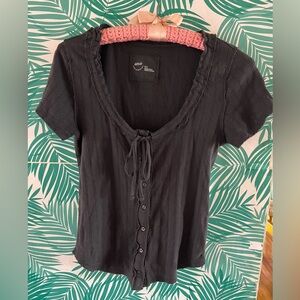 Aerie sneak peek black button down baby tee scoop neck adjustable string bow szM